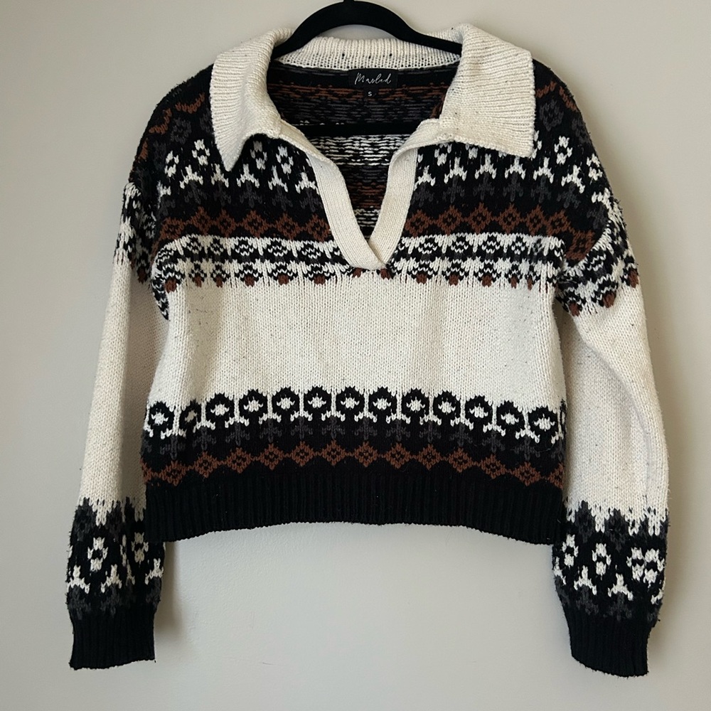Marled Black, Cream, and Brown V-Neck Sweater